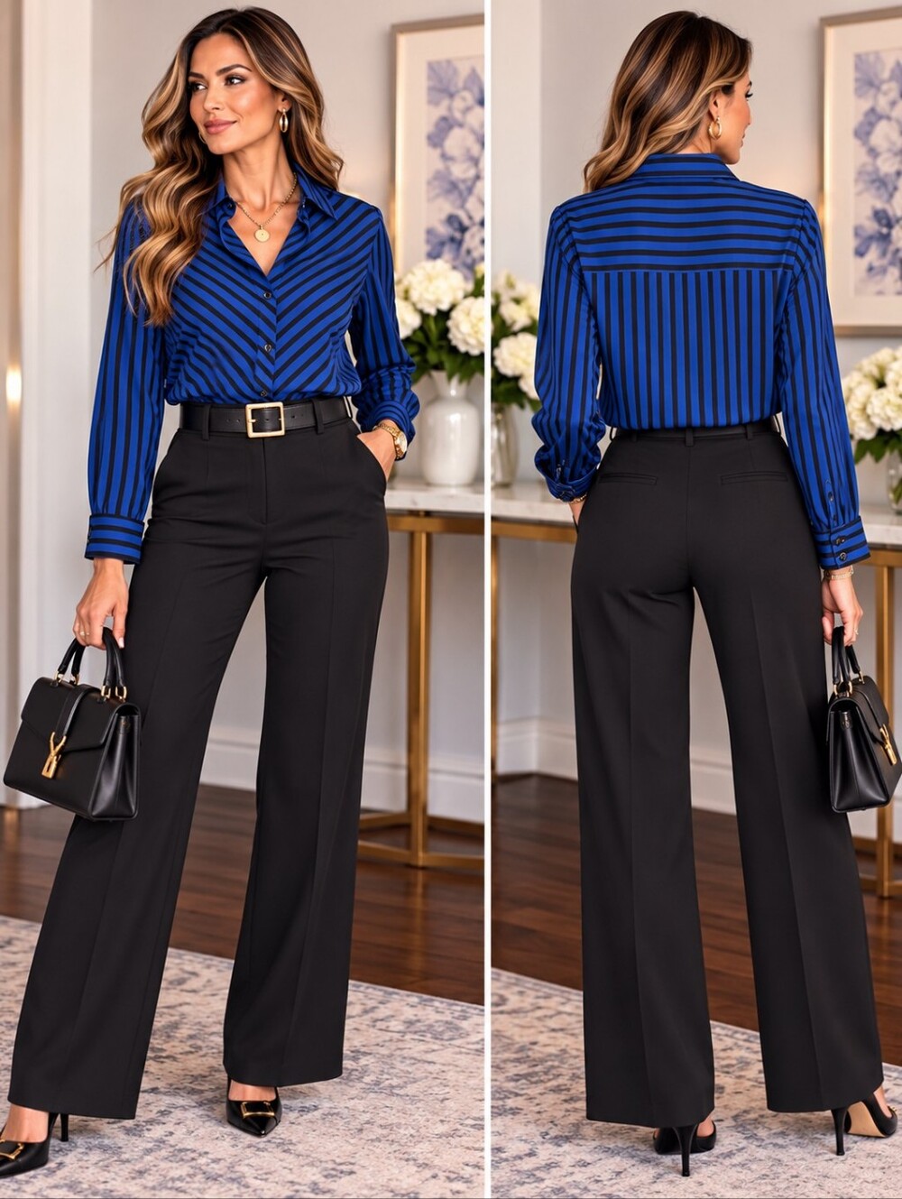 Chico's No Iron Blue Black Striped Button Up Shirt Size 2 US 12 Long Sleeve